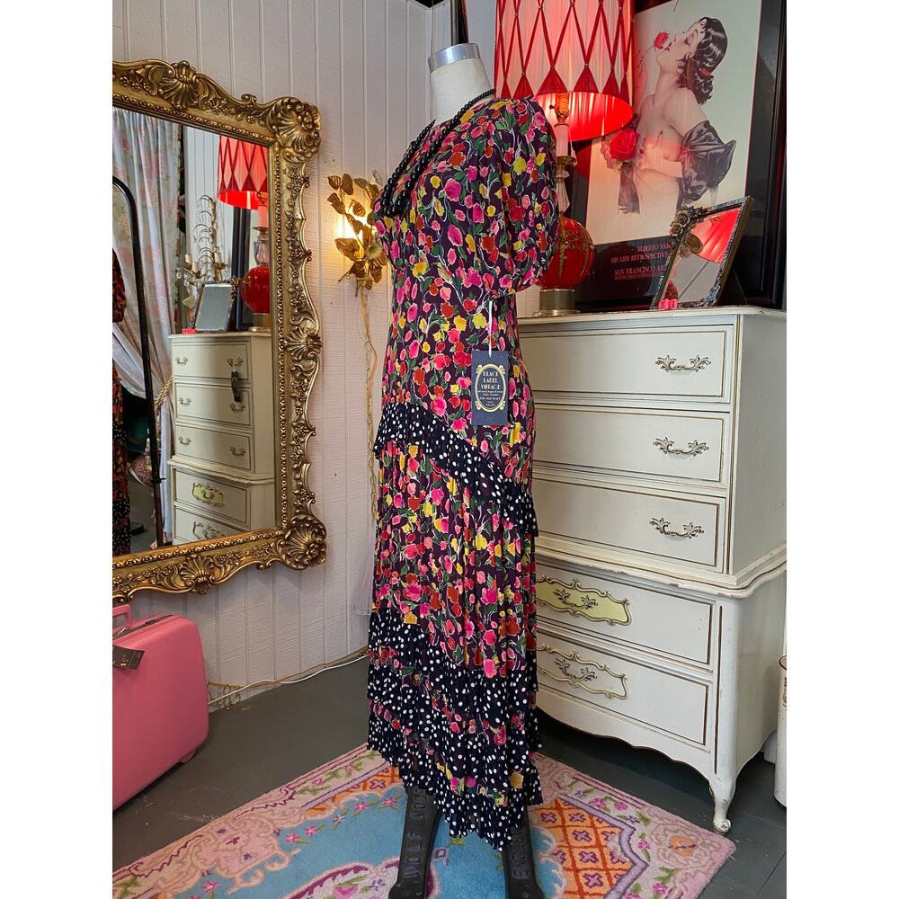vintage style silk floral maxi dress backless puff sleeves med polka dot trim - Picture 7 of 11